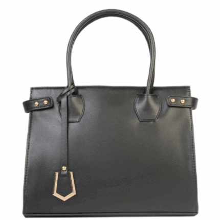 Black Rexine Classic Handbag – Medium, Zip Closure, Dual Handles, Long Strap