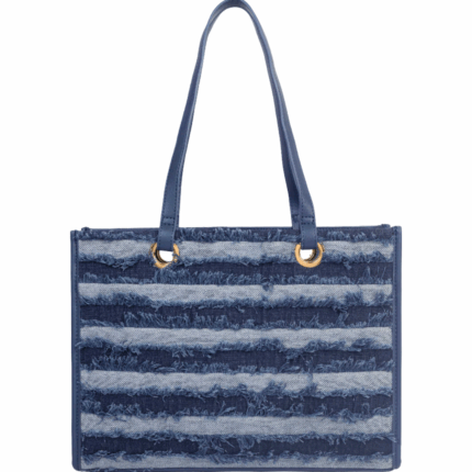 Blue Striped Denim Tote Bag – Rexine, Magnetic Closure, Fabric Strap