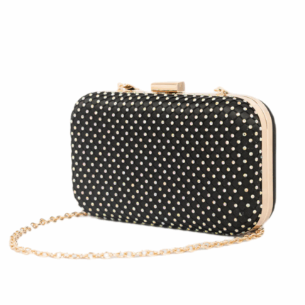 Black Rhinestone Silk Clutch – Medium, Snap Closure, Chain Strap